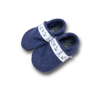Walkloden-Puschen blau mit Webband Anker